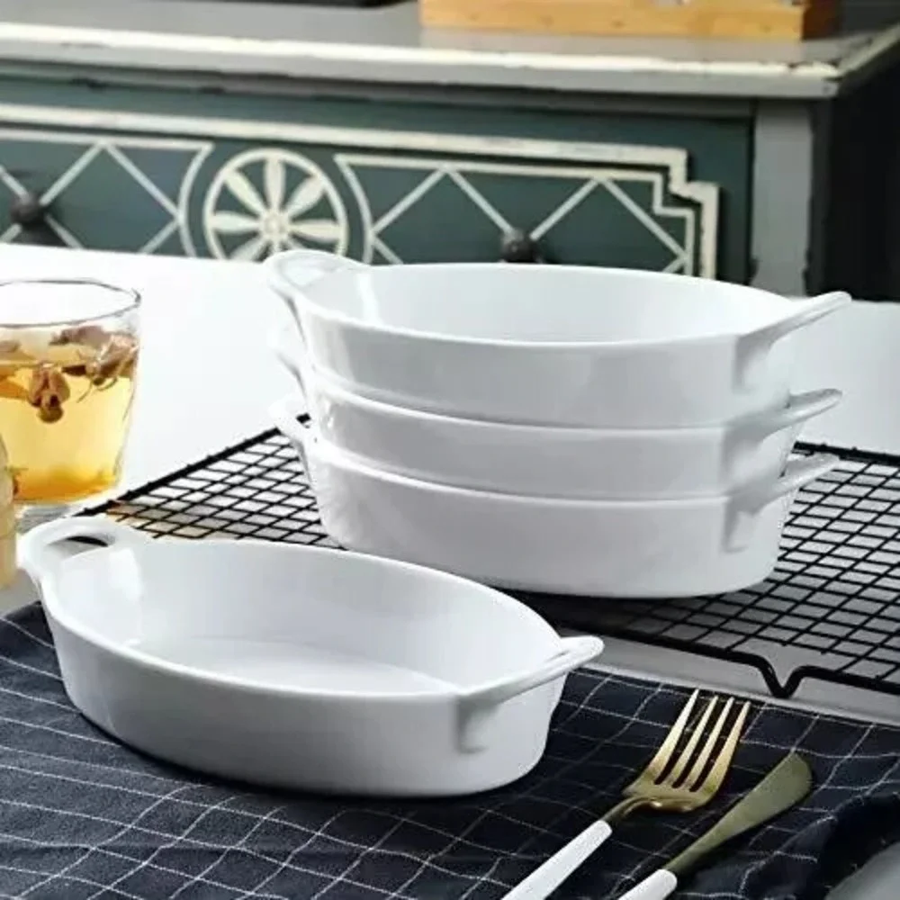 Bruntmor Oval Au Gratin Baking Dishes Set of 4 8x5 Ceramic Lasagna Pan White NEW